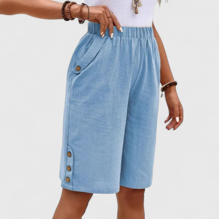 High Waist Side Button Knee Length Bermuda Shorts