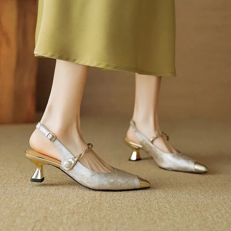 Jacquard Pointed Cap Toe Pearl Slingback Pumps