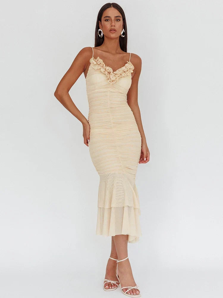 Ruched Mesh Ruffle V-Neck Spaghetti Strap Tiered Mermaid Midi Dress