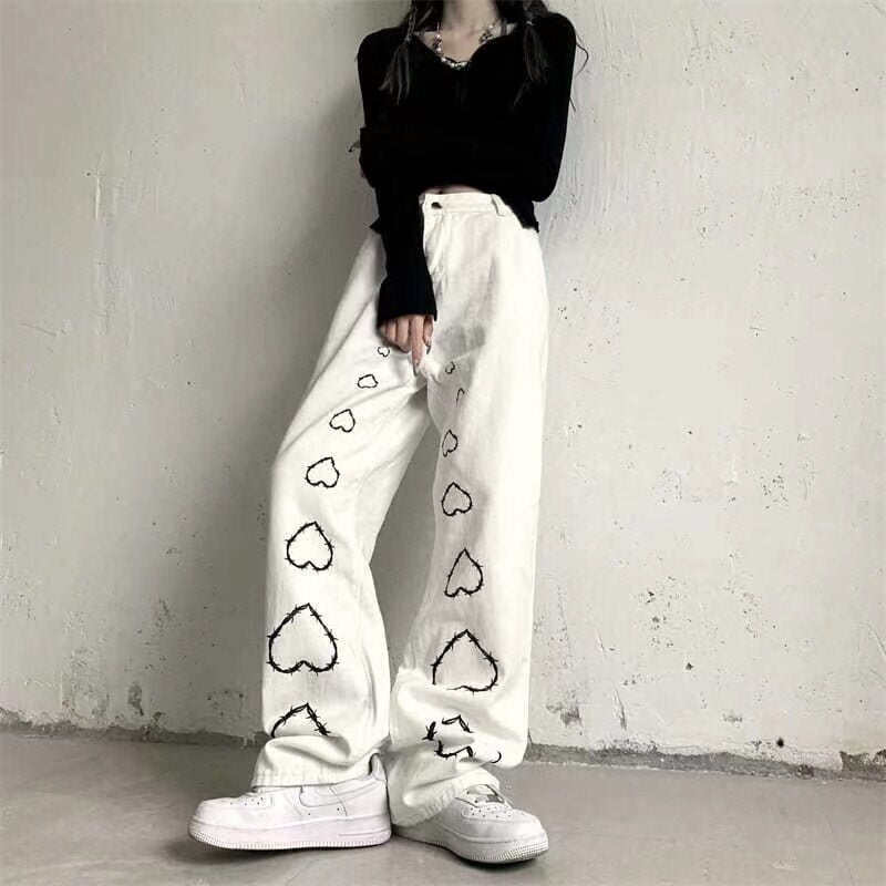 Mojoyce High Street Hot Girl Vintage Heart Print High Waist Straight Goth  Baggy Jeans Woman Y2K Clothes Wide Leg Denim Pants