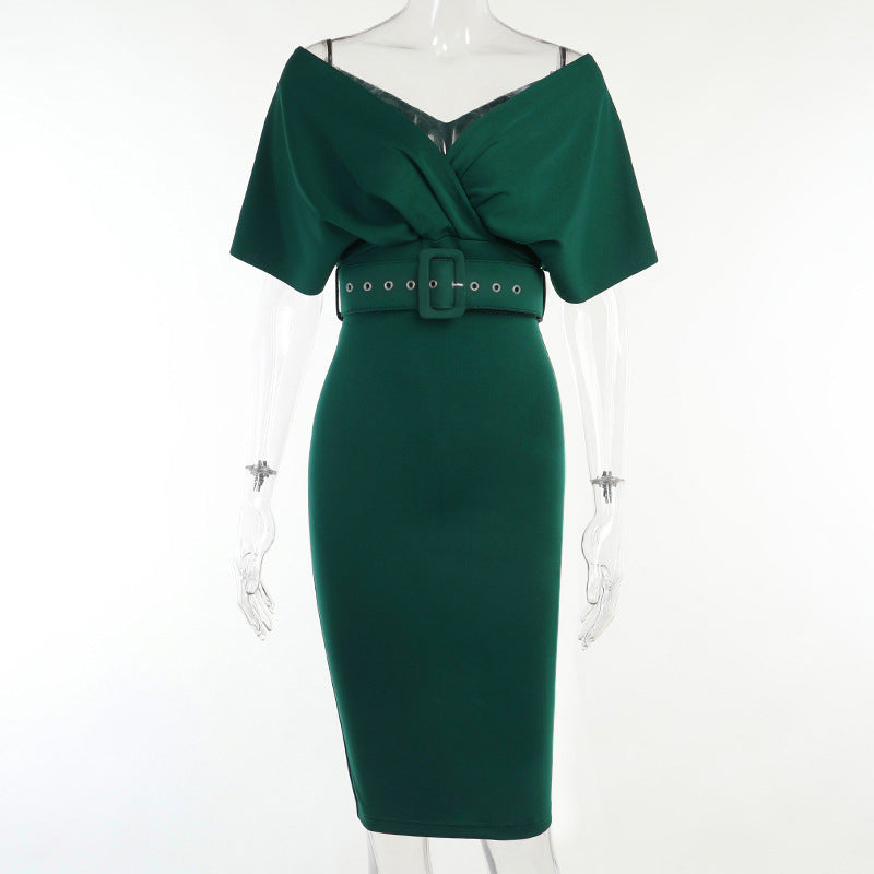 Satin Deep V-Neck Batwing Sleeve Belted Bodycon Midi Dress