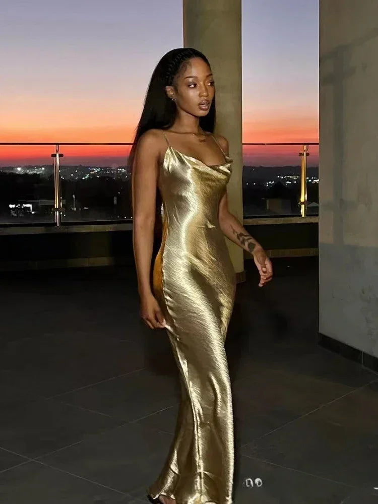 Elegant Satin Backless Spaghetti Strap Slip Dress 2