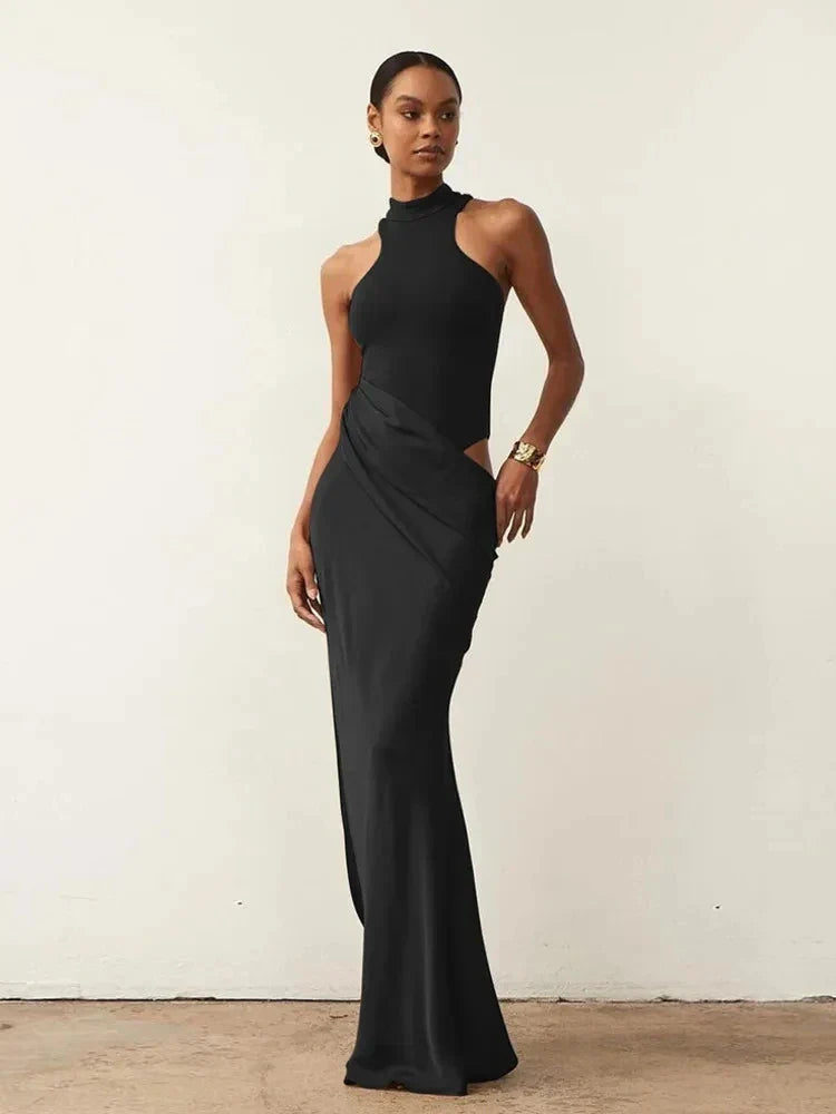 Satin Hollow Out Black Maxi Dress - View 7