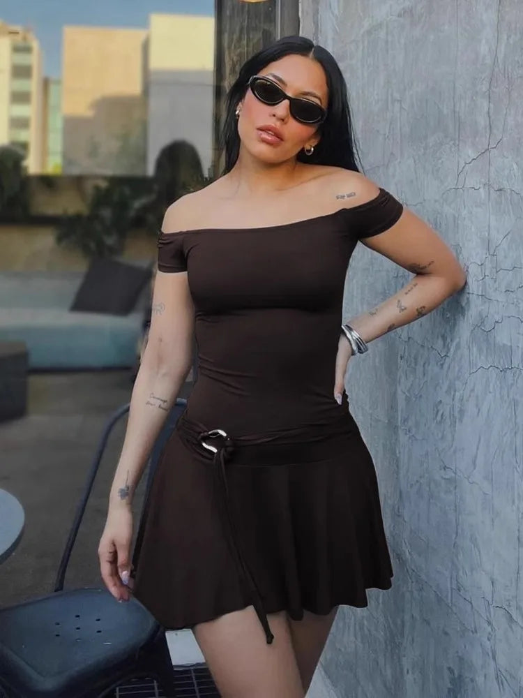 Off Shoulder Ruched Ring Buckle Belt Ruffle Hem Mini Dress