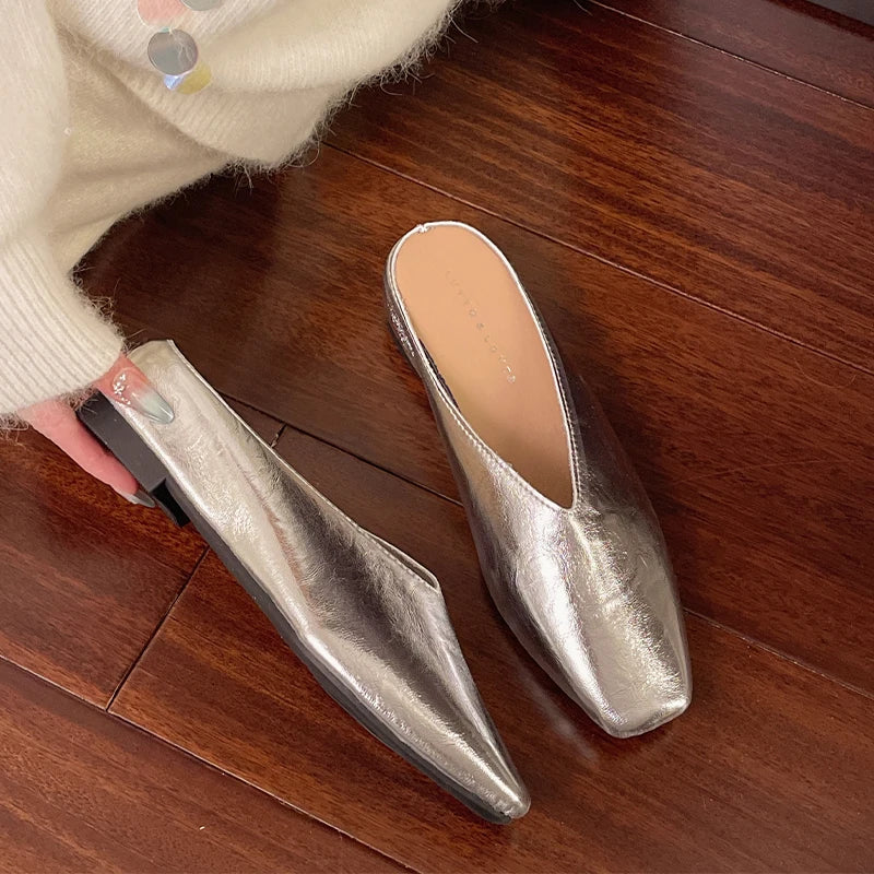 Metallic Square Toe Flat Mules