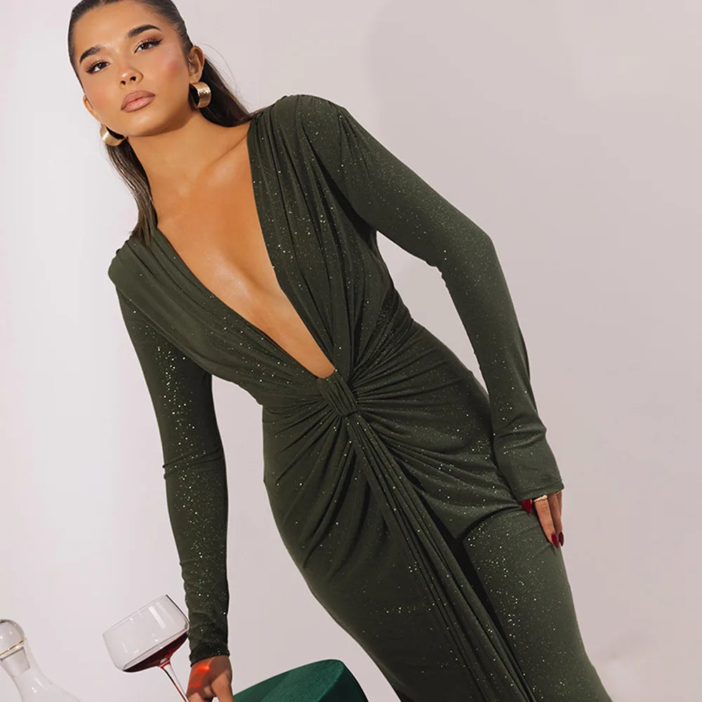 Glitter Deep V-Neck Long Sleeve Twist Front Ruched Maxi Dress 22