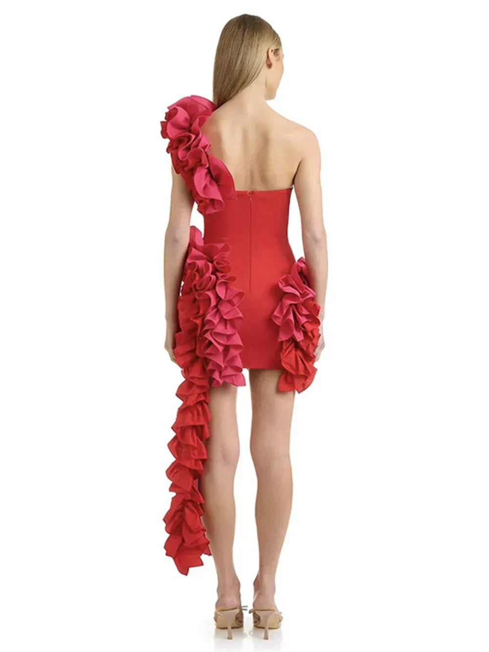 One Shoulder Sweetheart Neck Cascading Ruffle Bodycon Mini Dress 8