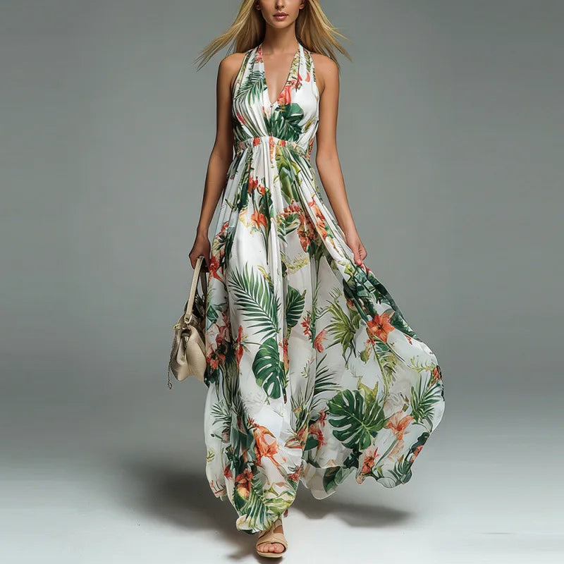 Tropical Print Halter Neck Deep V-Neck Backless Maxi Dress