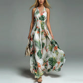 Tropical Print Halter Neck Deep V-Neck Backless Maxi Dress