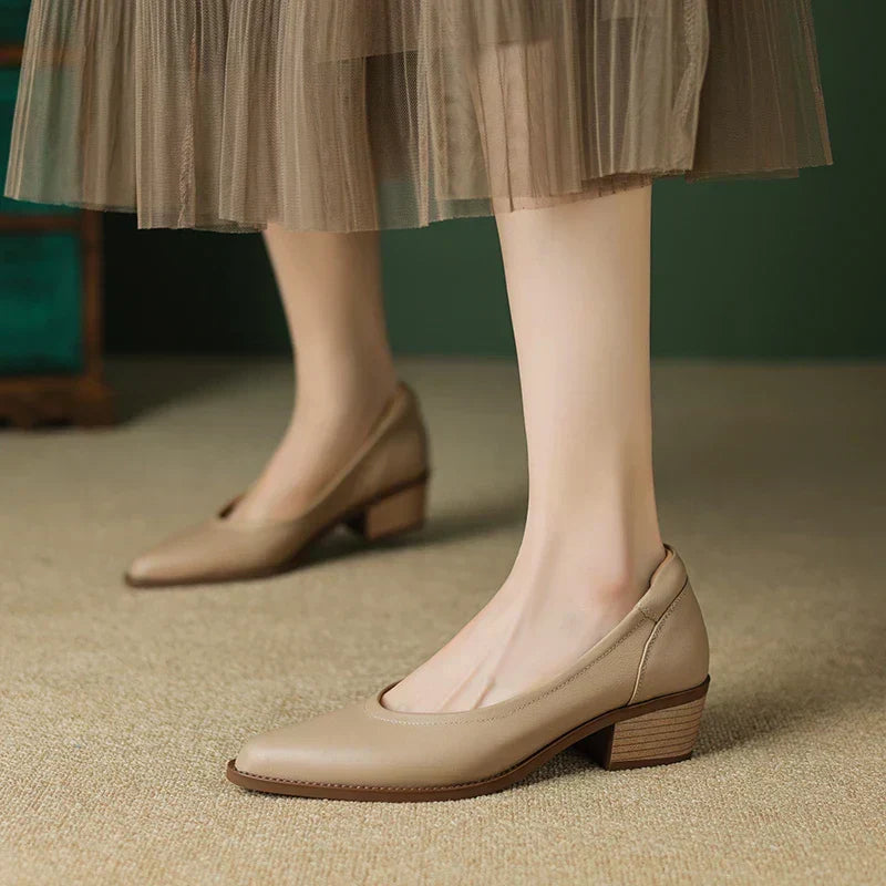 Pointed Toe Slip On Block Heel Pumps