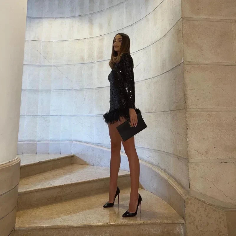 Long Sleeve Slim Sequins Feather Dress