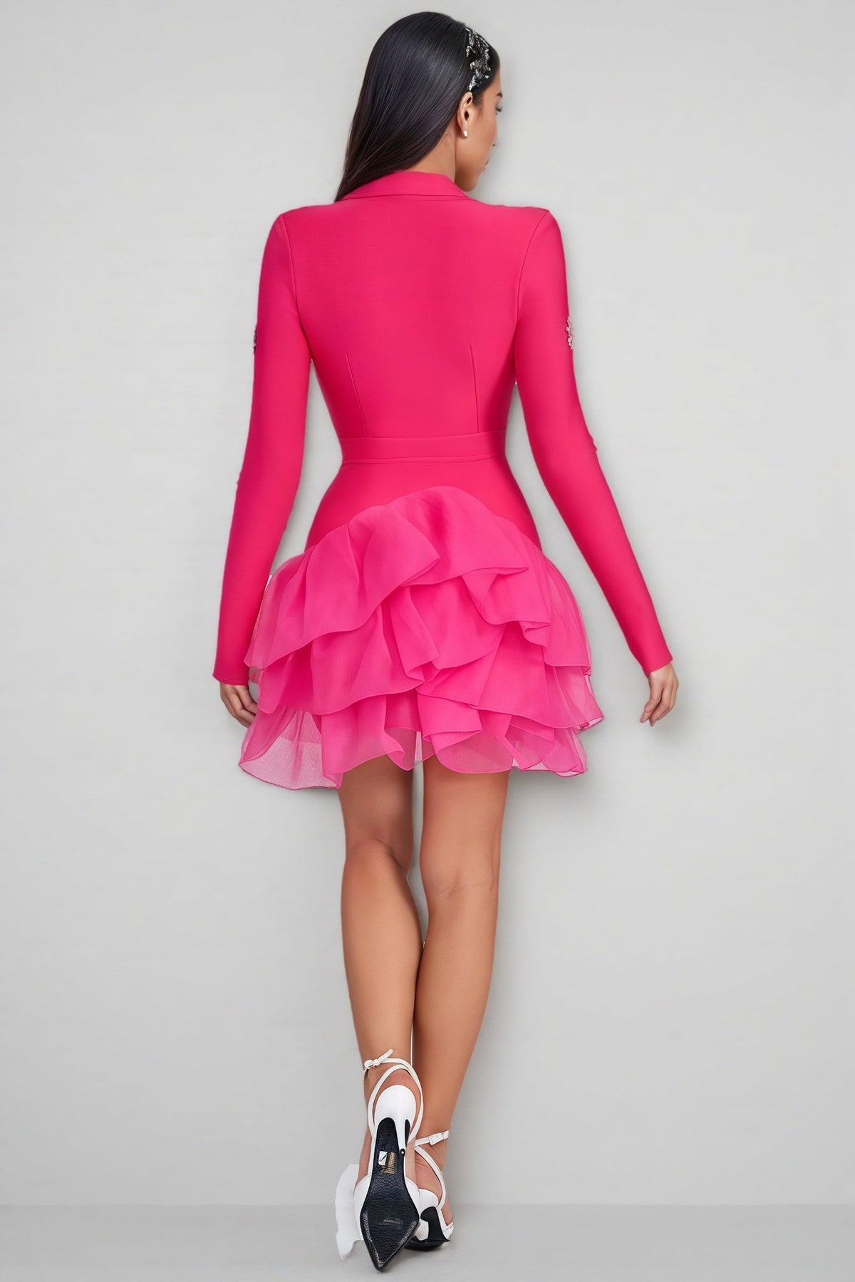 Collared V-Neck Long Sleeve Rhinestone Tiered Tulle Hem Mini Dress 5