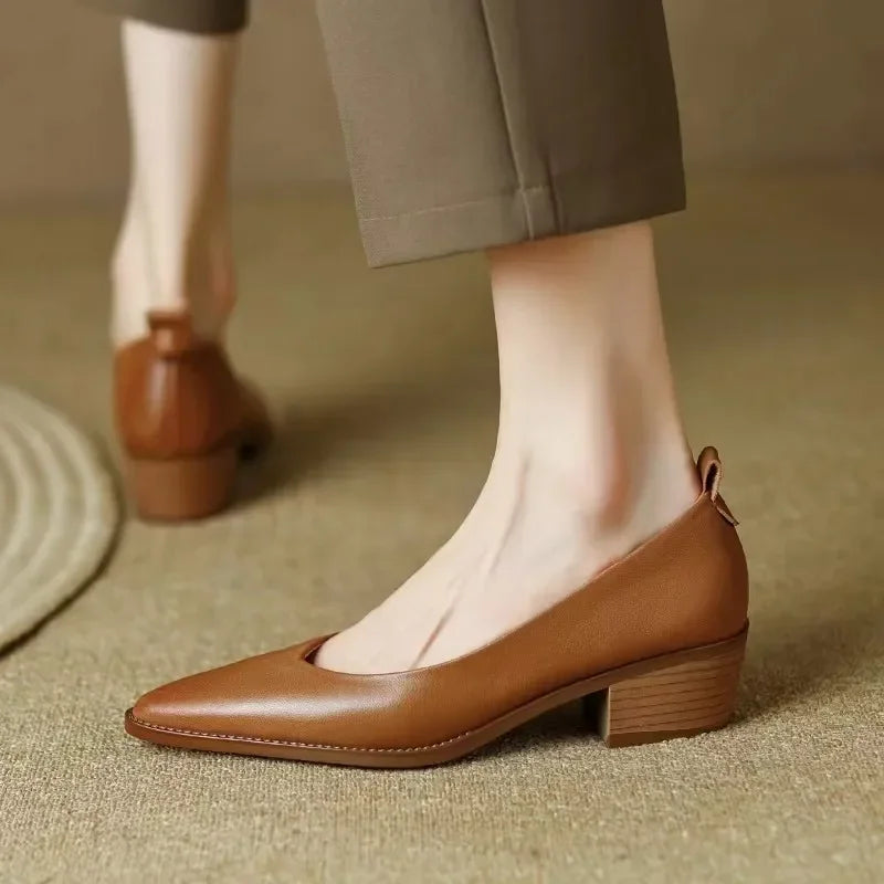 Pointed Toe Block Heel Slip On Pumps