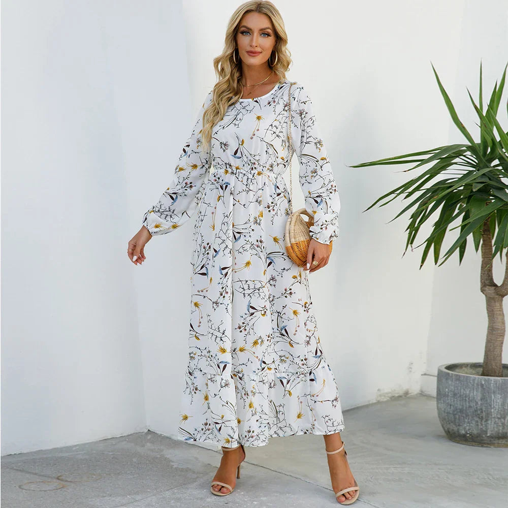 Natasha Effortless Women's Bohemian Floral Chiffon Maxi Dress with Long Sleeves Elevated Occasion Wear