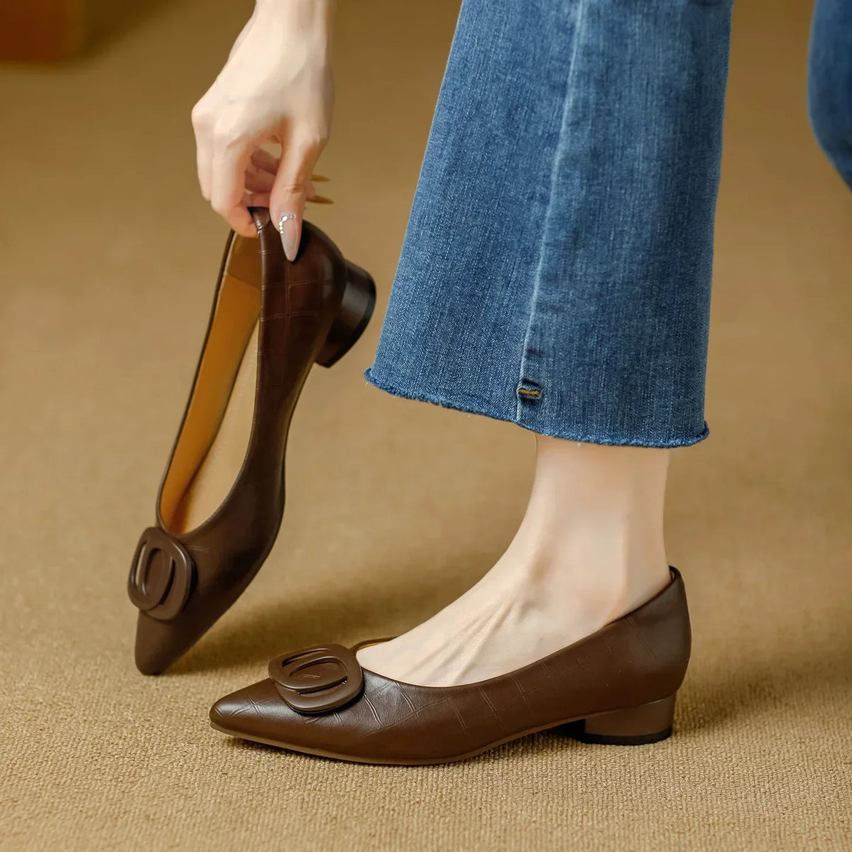 Pointed Toe Buckle Low Block Heel Pumps