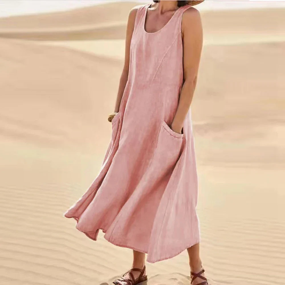 Brianna Boutique Women's Long Summer Dress in Cotton Linen with Pockets Premium Wardrobe Essential