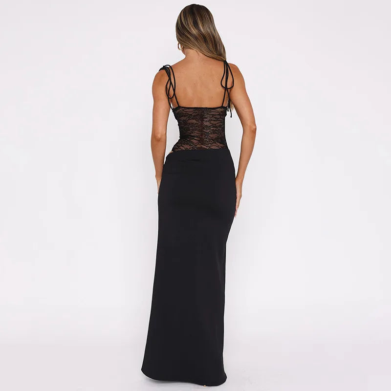 Spaghetti Strap Sheer Lace Waist Panel Bodycon Maxi Dress 15