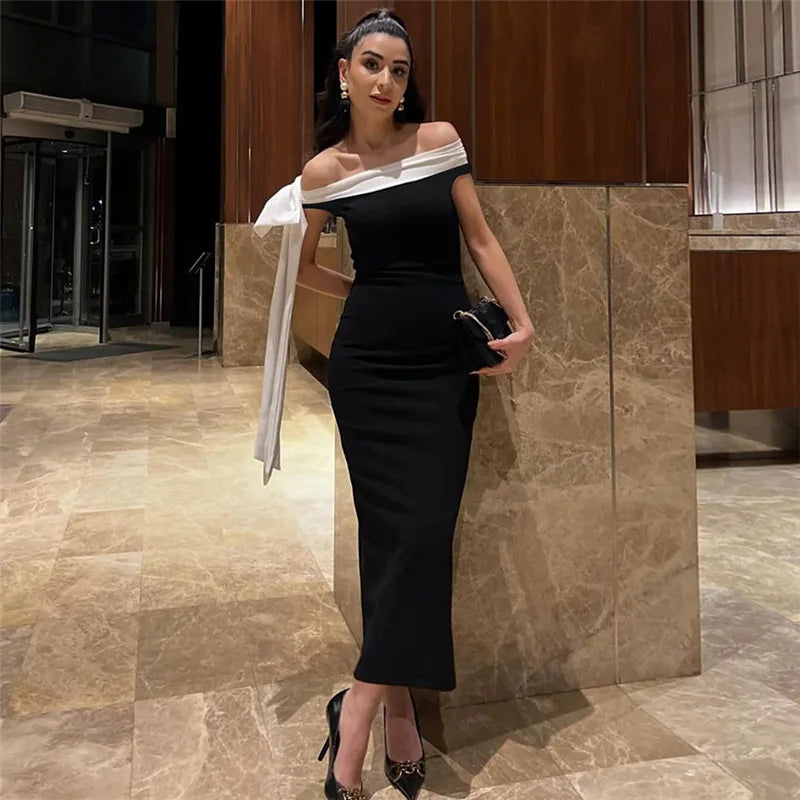 Contrast Trim Off Shoulder Bow Sash Bodycon Midi Dress 16