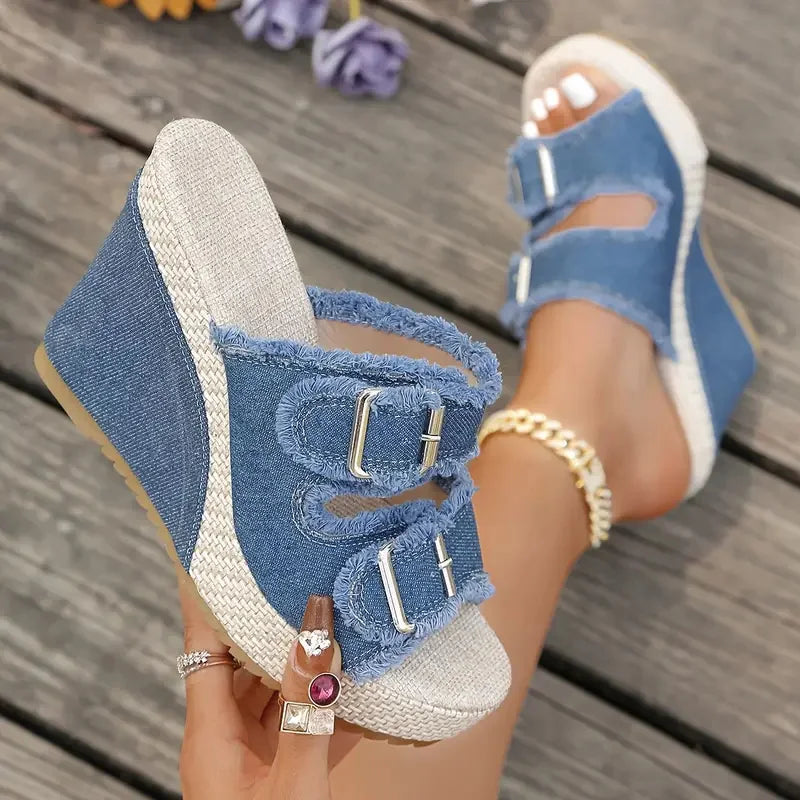 Open Toe Frayed Double Buckle Platform Wedge Slides