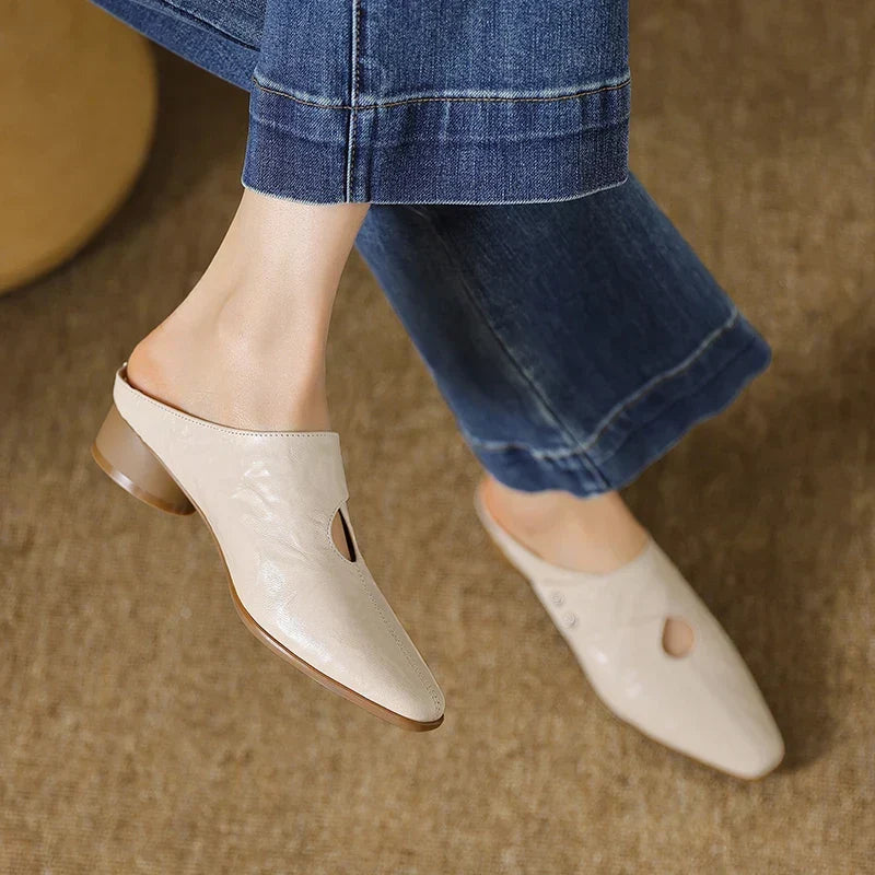 Square Toe Cut Out Block Heel Mules