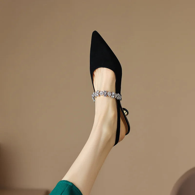 Pointed Toe Rhinestone Strap Kitten Heel Pumps