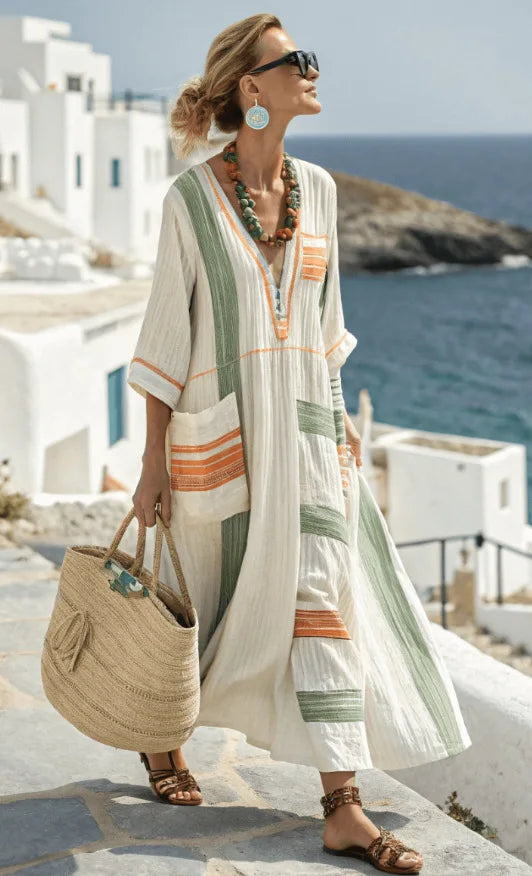 V-Neck Striped Trim Three Quarter Sleeve Beach Cover Up Kaftan