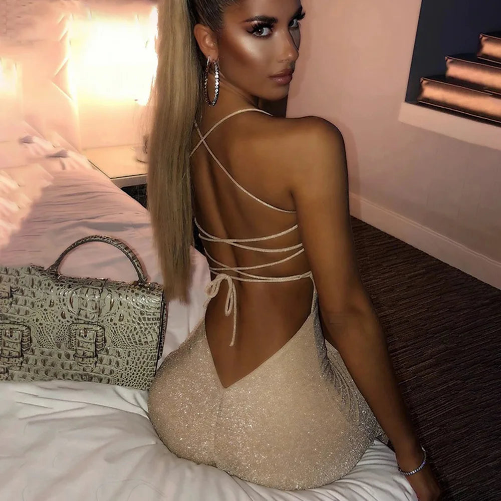 Diamond Low-Neck Backless Lace Up Slip Dress 2