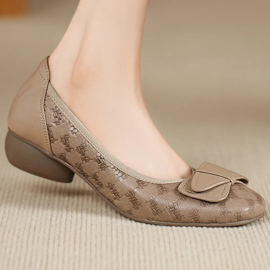 Textured Buckle Detail Low Block Heel Ballet Flats