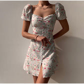 Waist Arm A-Line Puff Women’s V-Neck High Flowered Dress M / Green Dresses