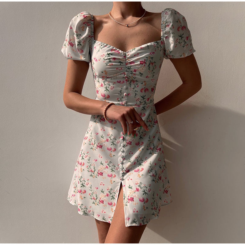 Floral Print Sweetheart Neck Puff Sleeve Button Front Split Mini Dress 7