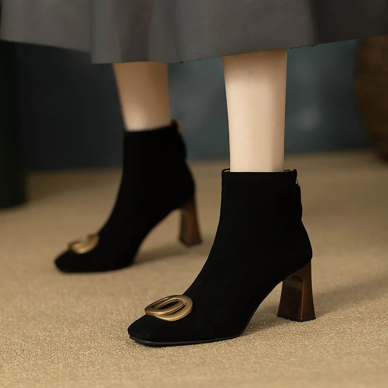 Suede Look Square Toe Metal Buckle Block Heel Ankle Boots