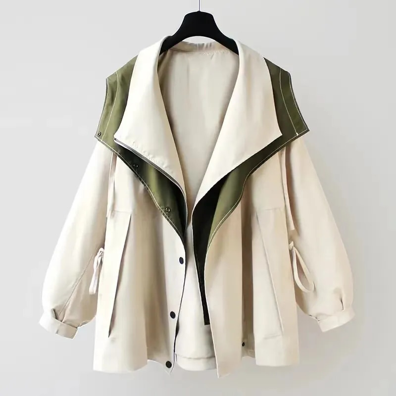 Contrast Collar Button Front Drawstring Windbreaker Jacket