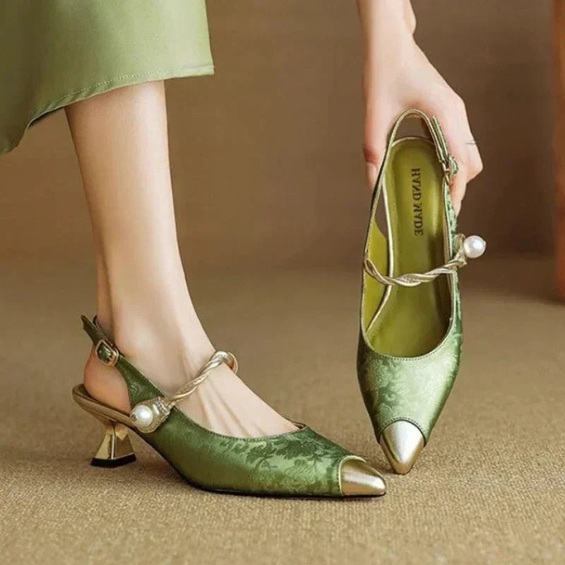 Jacquard Pointed Cap Toe Pearl Slingback Pumps