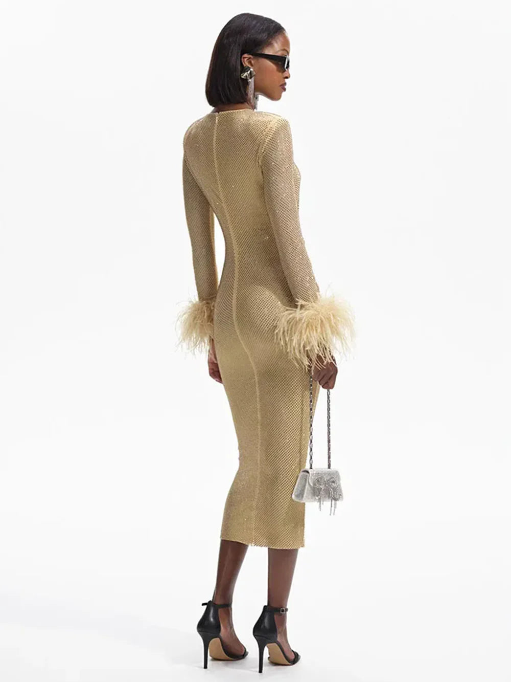 Crew Neck Long Sleeve Feather Cuff Rhinestone Mesh Ruched Midi Dress 4