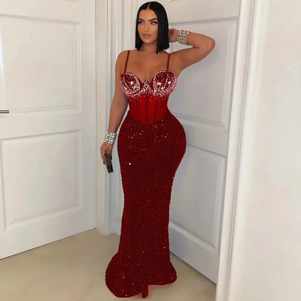 Sequin Rhinestone Corset Bodice Spaghetti Strap Mermaid Maxi Gown