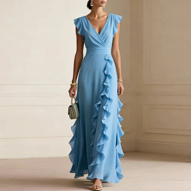 Chiffon Deep V-Neck Ruffle Cascade A-Line Maxi Gown 3
