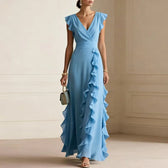 Chiffon Deep V-Neck Ruffle Cascade A-Line Maxi Gown 3