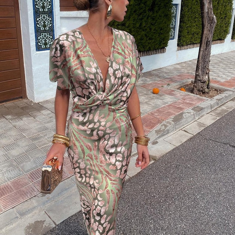 Animal Print Deep V-Neck Twist Front Short Sleeve Maxi Dress