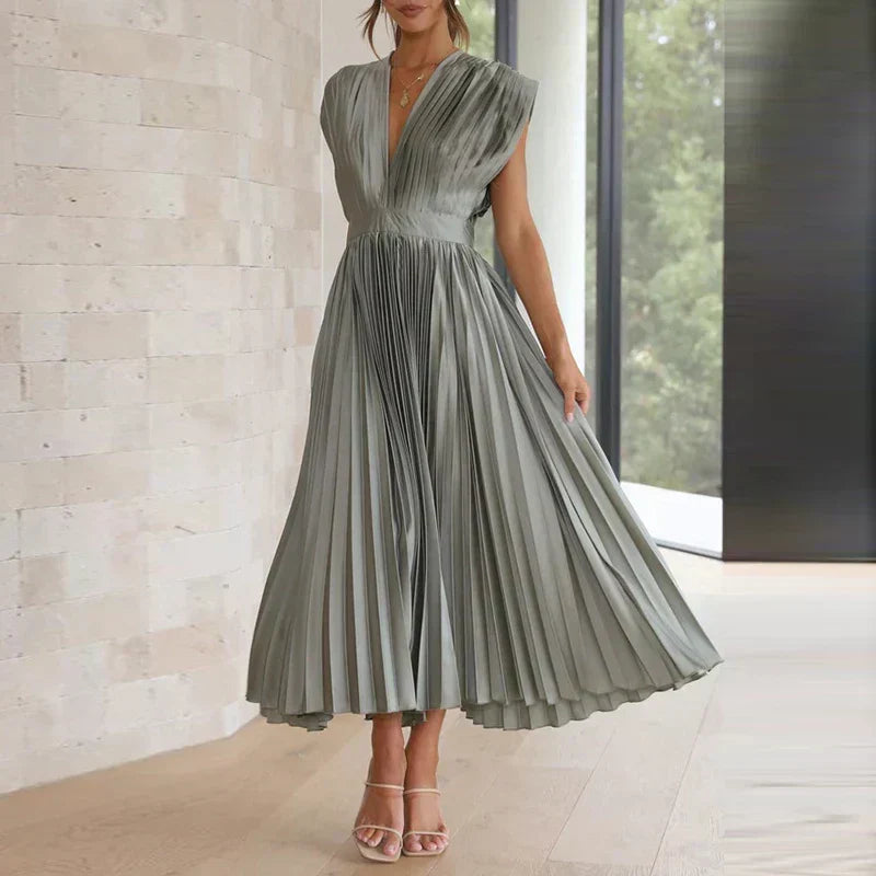 Deep V-Neck Cap Sleeve Pleated Flared Midi Dress
