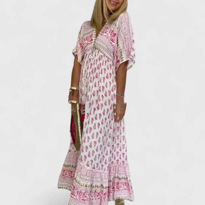 Boho Print Deep V-Neck Tie Front Flutter Sleeve Maxi Dress