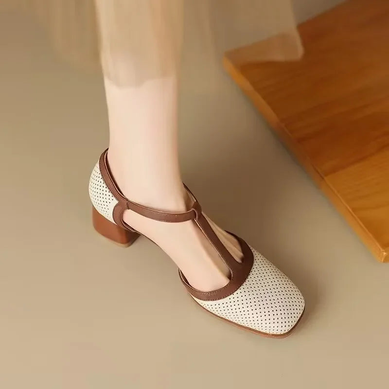 Perforated Square Toe T-Strap Block Heel Pumps