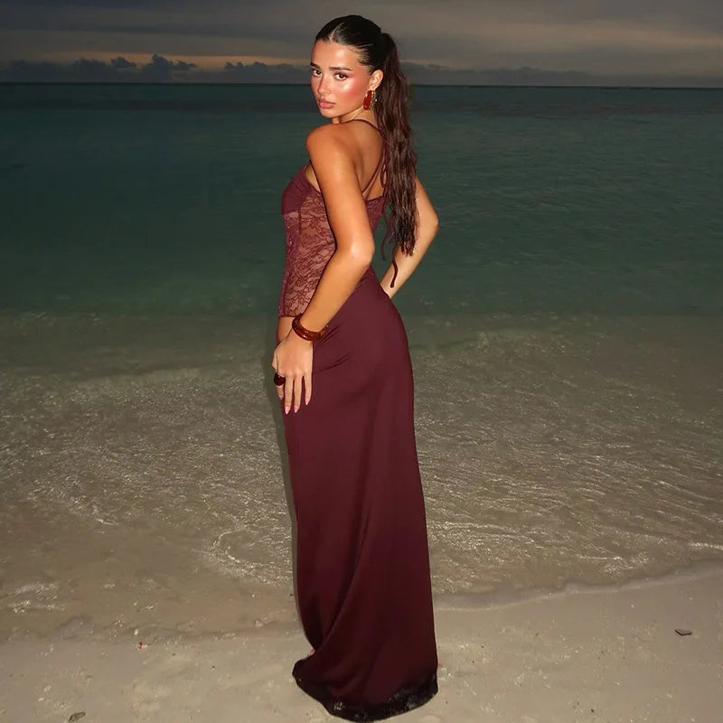 Spaghetti Strap Sheer Lace Waist Panel Bodycon Maxi Dress 10