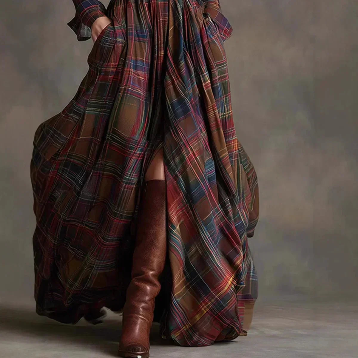 Plaid Collared Long Sleeve Belted High Split Maxi Dress