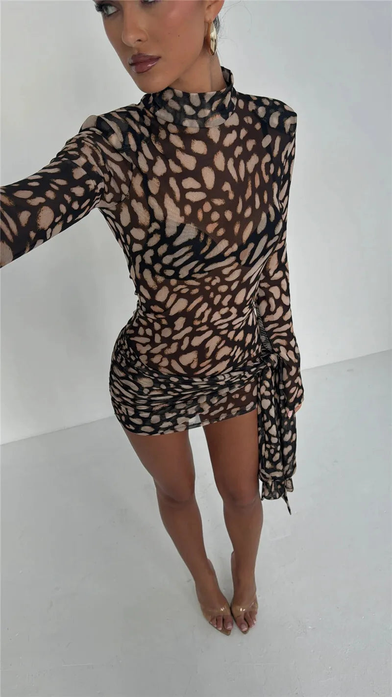 Leopard Print Sheer Mesh Mock Neck Long Sleeve Side Tie Mini Dress 3