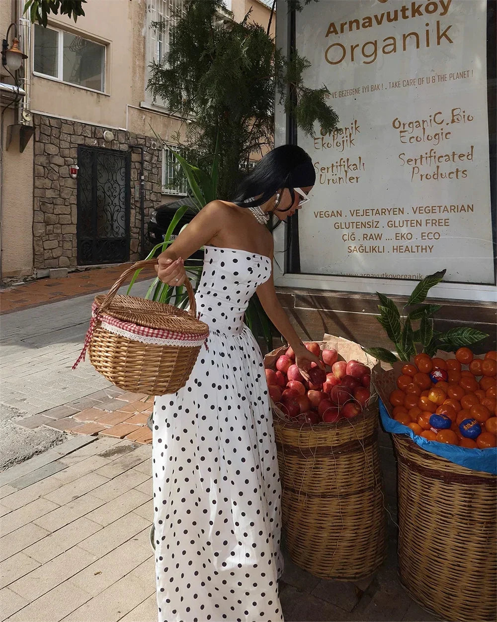 Polka Dot Strapless Gathered Waist A-Line Maxi Dress 2