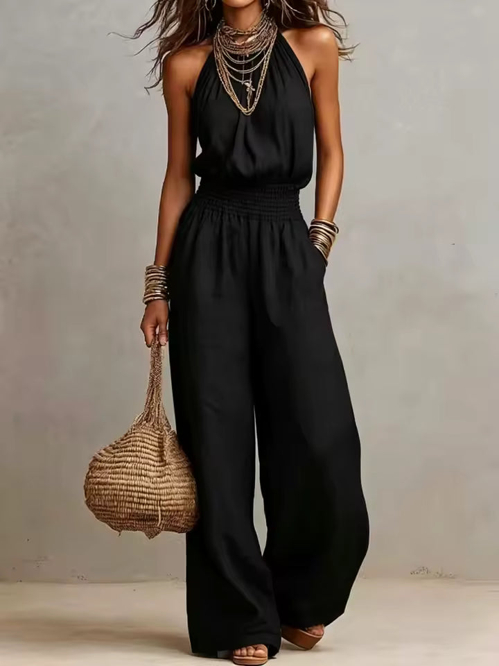 Halter Neck Smocked Waist Wide Leg Jumpsuit