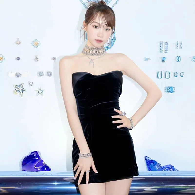 Velvet Strapless Fold Over Neckline Bodycon Mini Dress 20