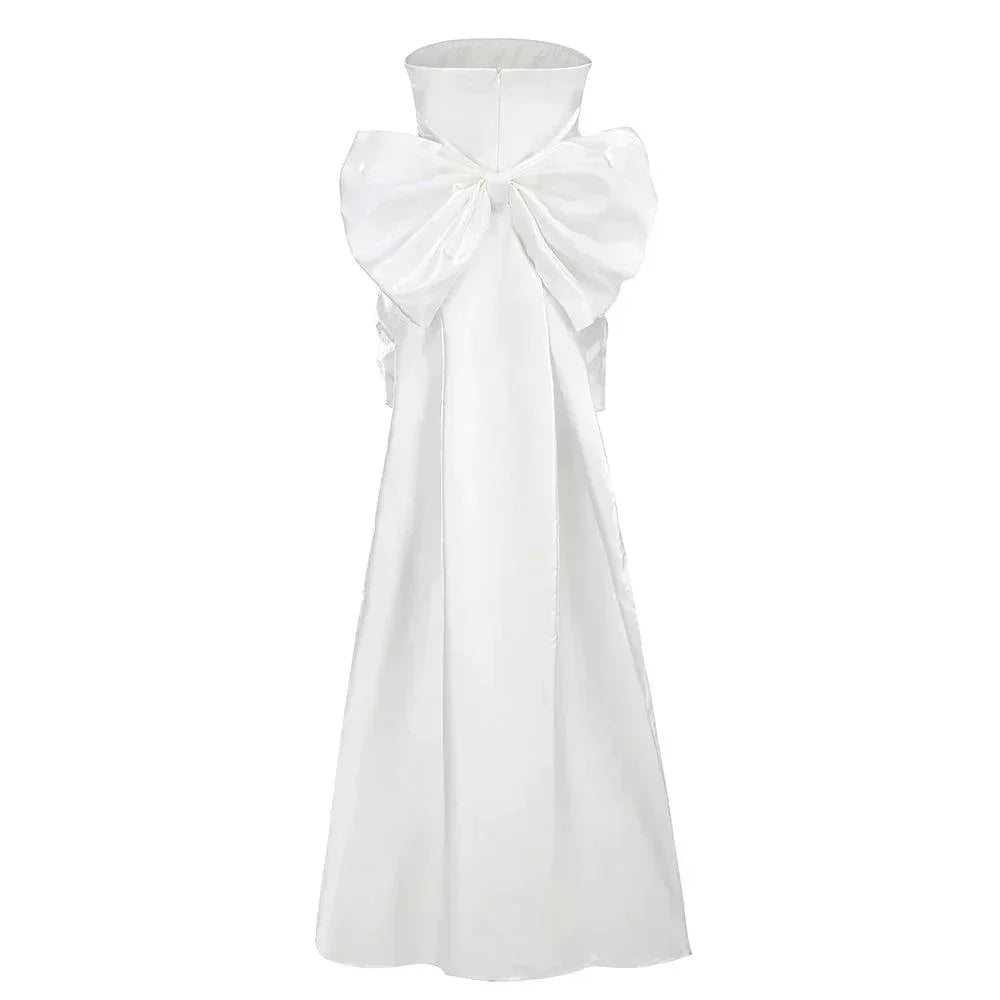 Strapless Satin Ruched Oversized Back Bow Train Mini Dress 18