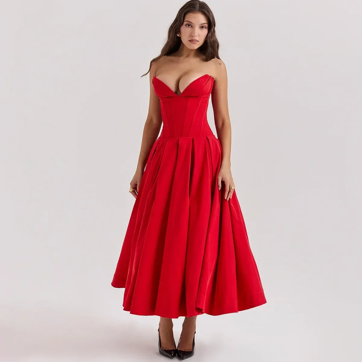Rafaela - Sleek Strapless Pleated Midi Dress Red