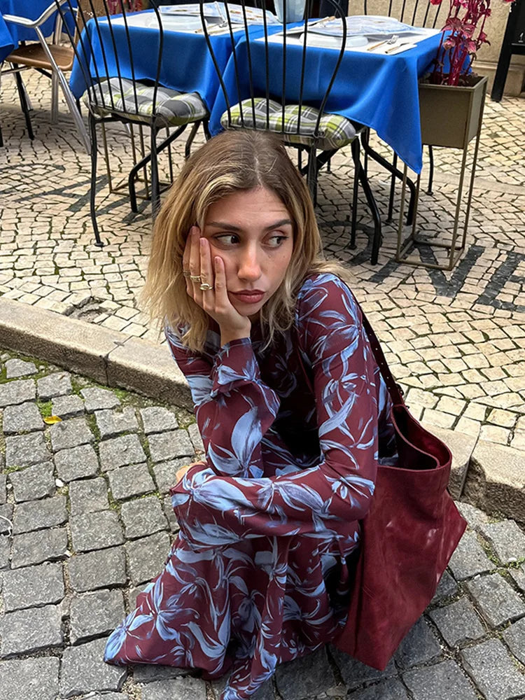 Retro Printed O neck Holiday Dress Women Elegant Full Sleeve Waist cinching Long Dresses Female 2025 Summer Chic Street Vestidos